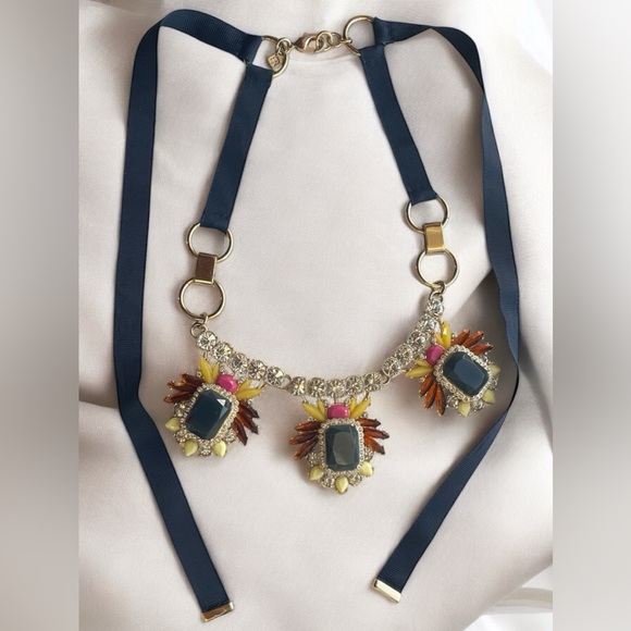 Signed Banana Republic Multi Color Rhinestone Gold Tone and Ribbon Necklace - Picture 4 of 8